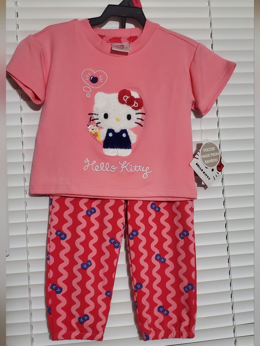 NWT, Hello Kitty Pink Short-Sleeve/pant Set with Patterned Pants, Viscose Bamboo